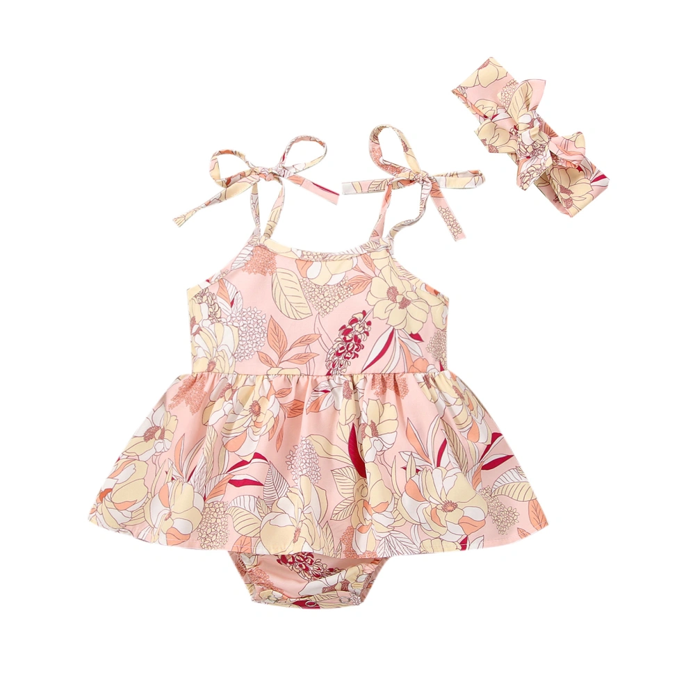 Baby Girls Romper Dress Floral Bandage Strap Jumpsuits with Headband