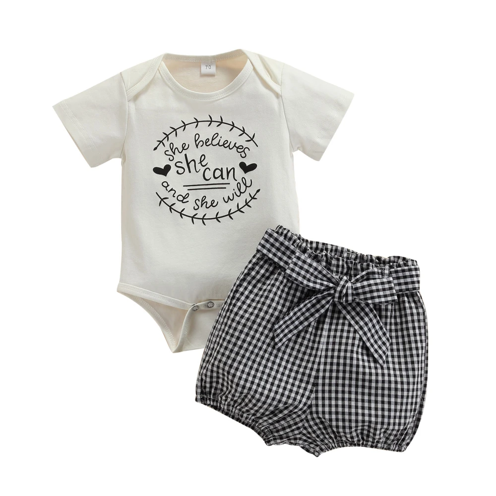 Baby Girls 2PCS Summer Outfits, Letter Bodysuit + Plaid Shorts