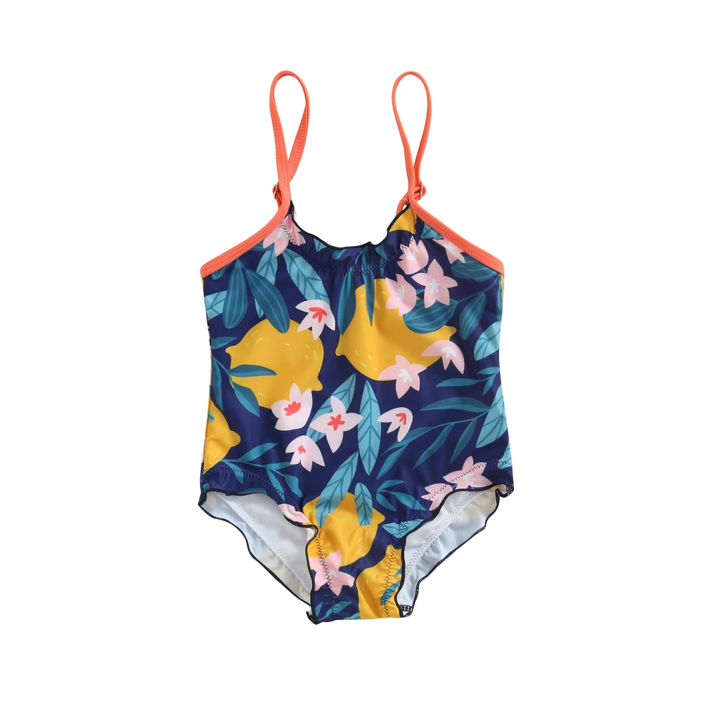 Kids Flower Lemon Print U-Neck Spaghetti Strap One-Piece Swimsuit