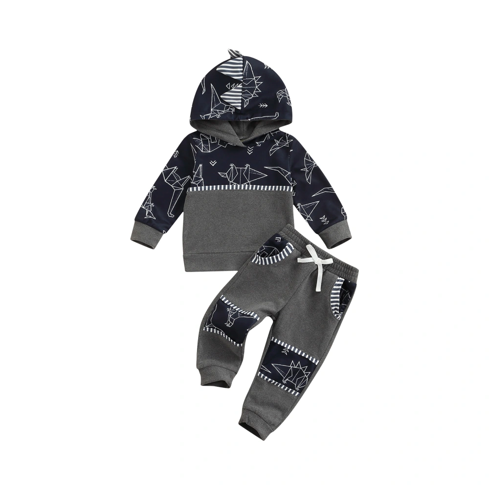 Boy's Two-Piece Suit, Dinosaur Print Long Sleeve Hoodie + Pants