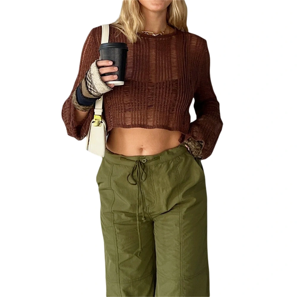 Women Knit Crop Top, Long Sleeve Crew Neck Hollowed Pullover