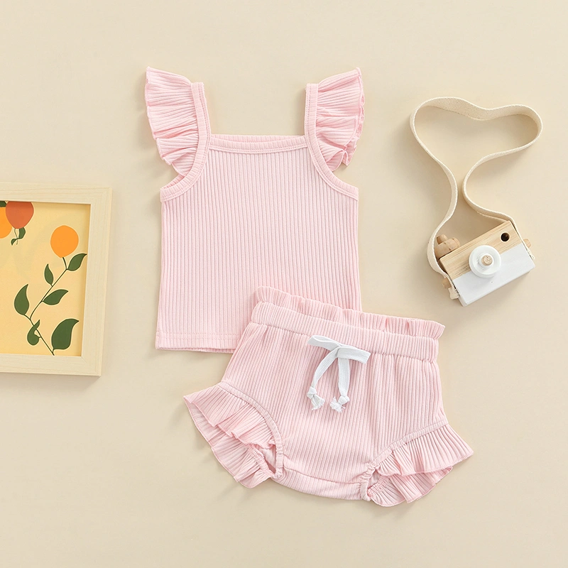 Infant Girl Ribbed Clothe Set, Pure Color Bodysuit + Drawstring Shorts