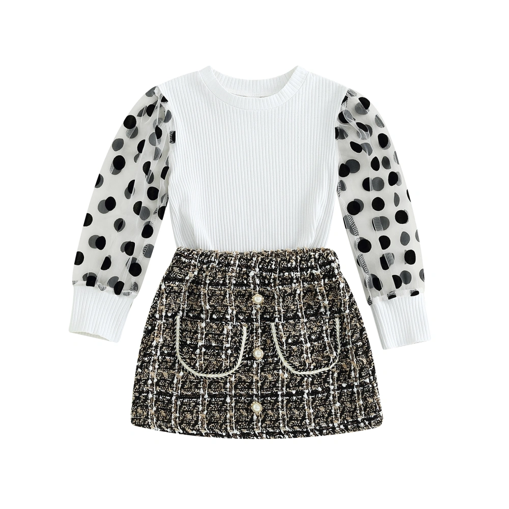 Girls Skirt Set, Dots See-through Long Sleeve T-shirt with Mini Skirt