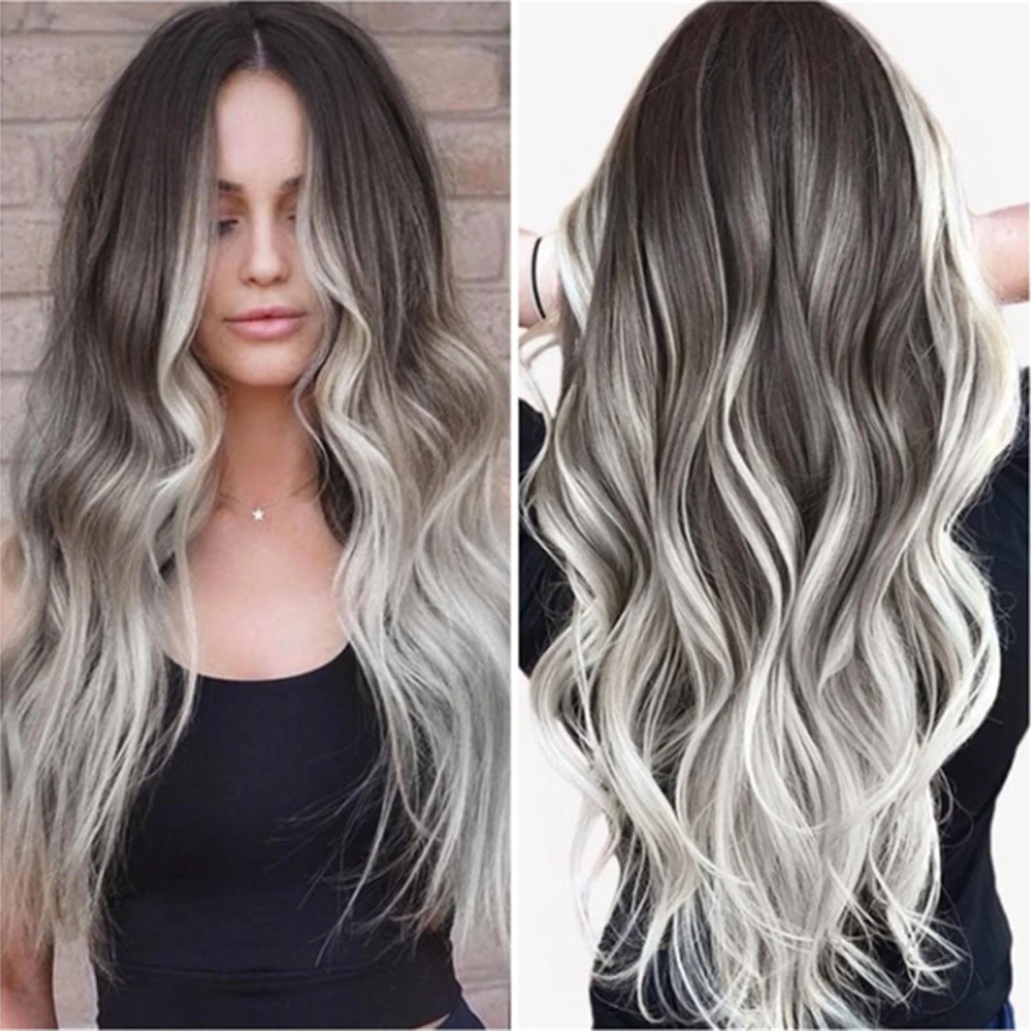 Women's Wavy Wig, Natural Looking Long Ombre Grey Blonde Wig