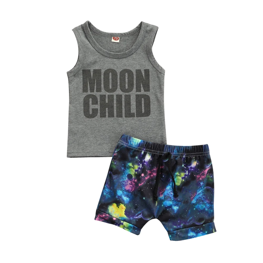 Little Boys Outfit, Round Collar Sleeveless Letter Top, Shorts