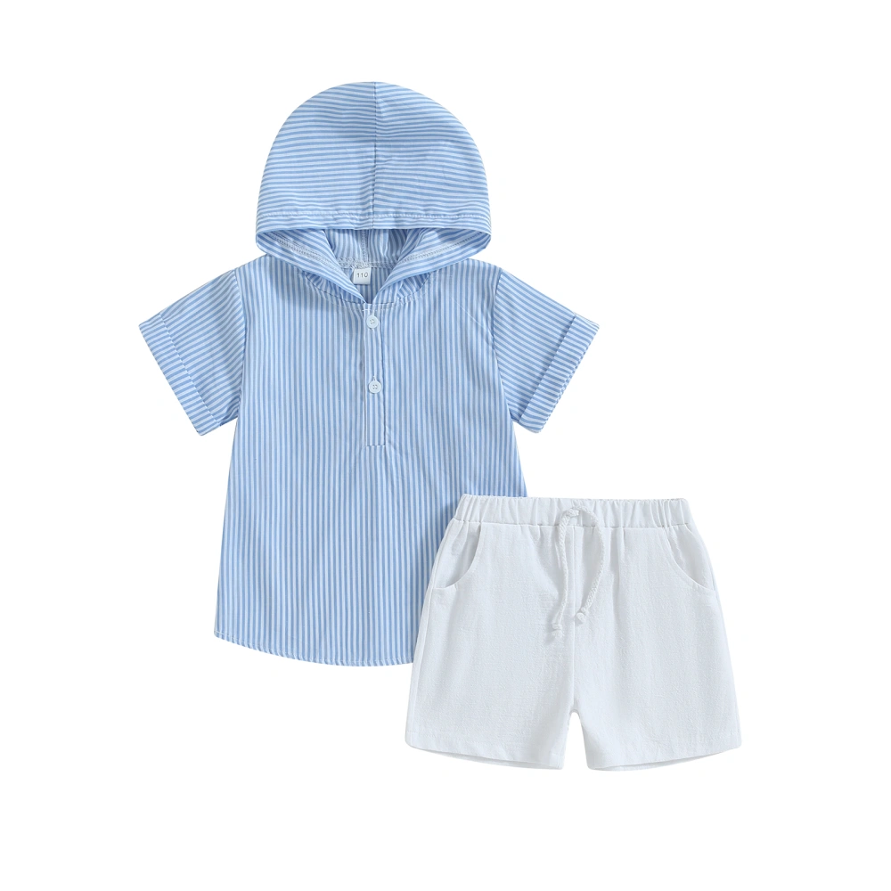 Boys Short Sleeve Striped Hooded Tops and Drawstring Shorts Sets