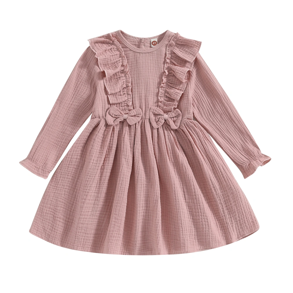 Girls Pink Long Sleeve Crewneck Pleated Ruffle Dress with Bow Decor