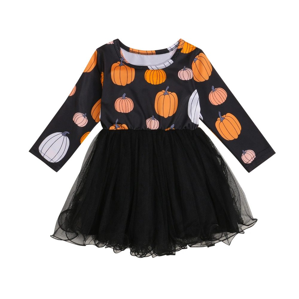 Kids Dress, Cartoon Pumpkin Print Round Neck Long Sleeve One-Piece