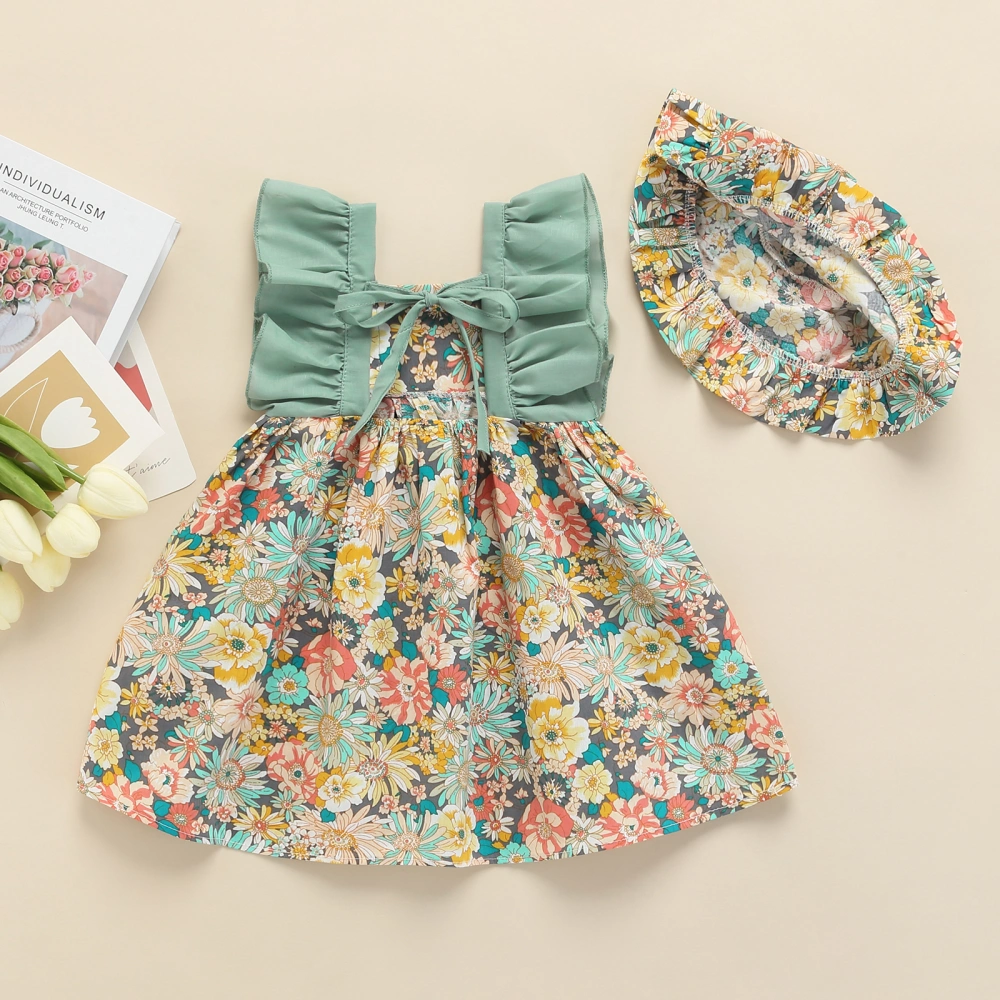 Toddler Girls Summer Ruffle Sleeve Floral A-Line Dress + Hat