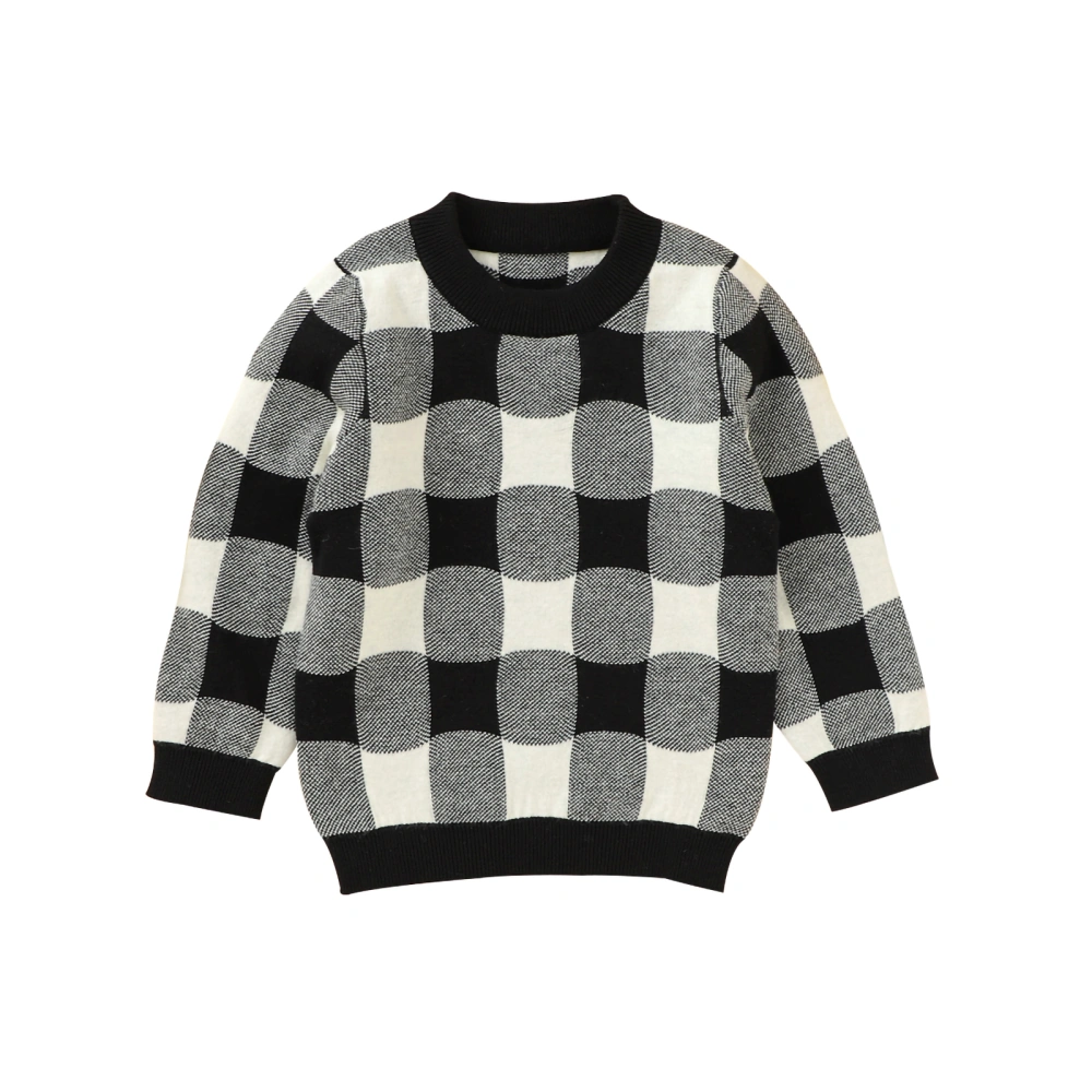 Little Girls Knitted Tops, Plaid Long Sleeve Round Collar Knitwear