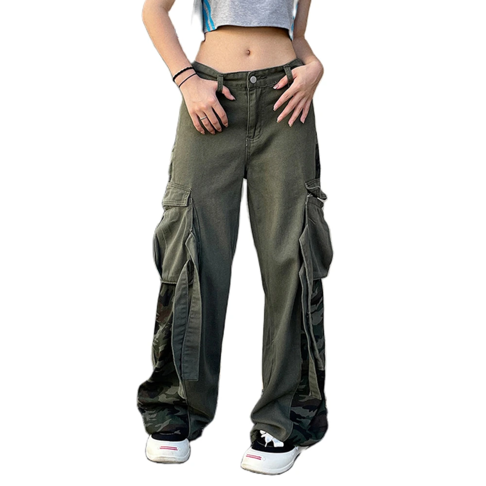 Women's Jeans Webbing Camouflage Splicing Loose Denim Cargo Pants 