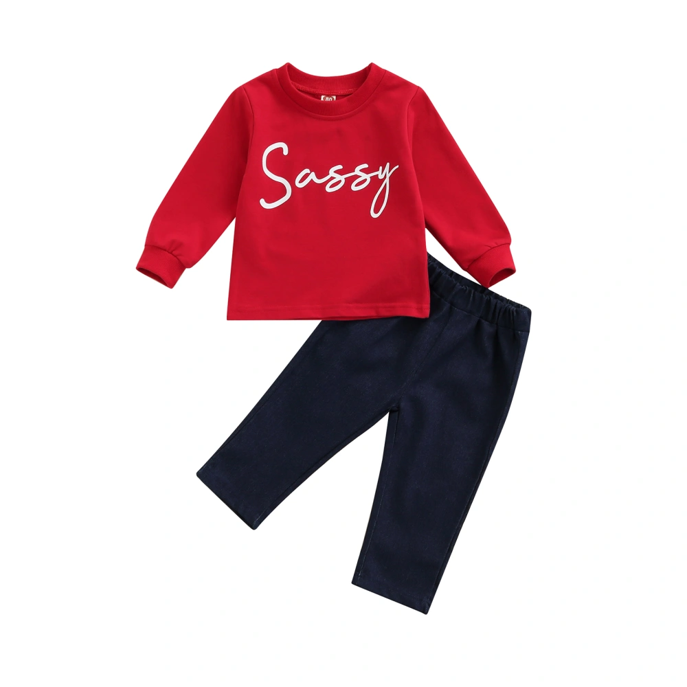 Kids Clothes Set, Red Letters Print Pullover and Elastic Waist Trousers