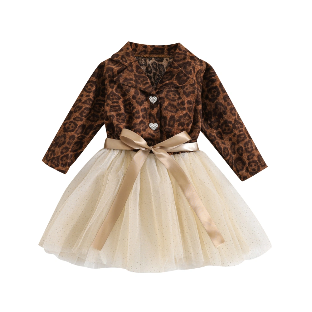 Girls Dress Leopard Print Bowknot Layered Tulle Long Sleeve Dress