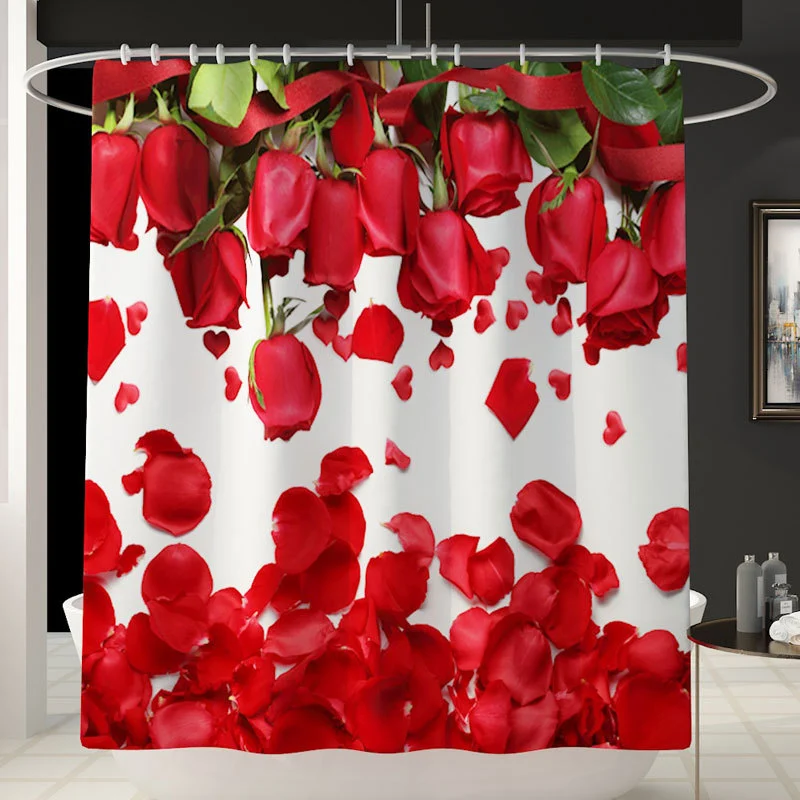 Rose Petal Print Bath Set, Rugs + Mat + Toilet Cover + Shower Curtain