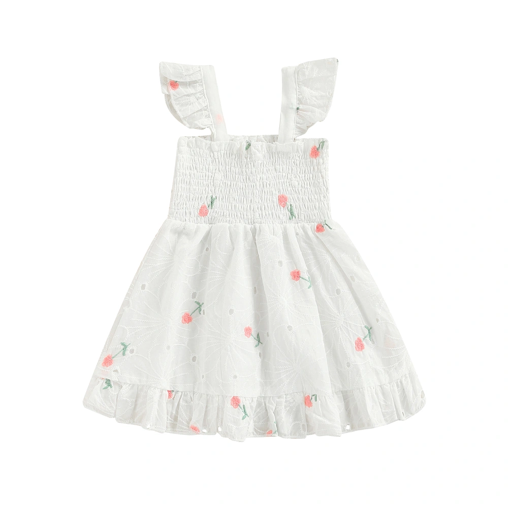 Baby Girl Fly Sleeve Dress, Flower Embroidered Hollow Ruched Dress