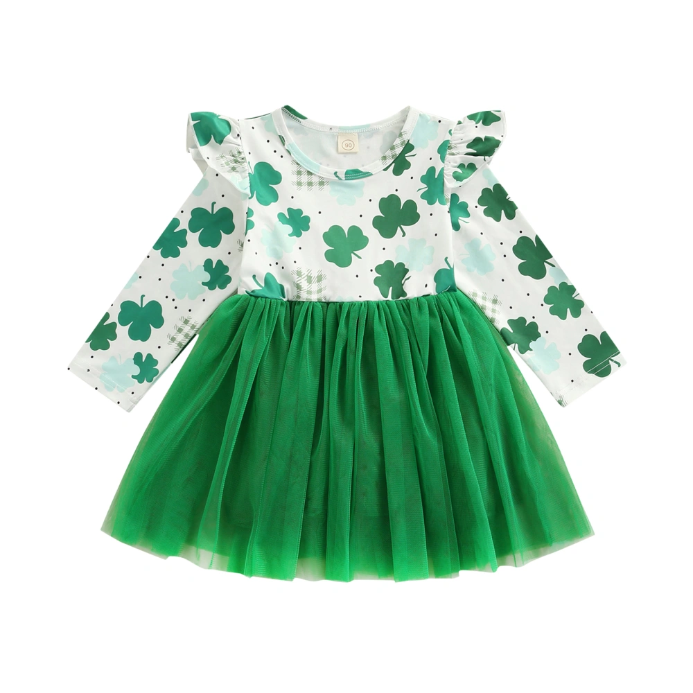 Girls Long Sleeve Round Neck Clover Print Tulle Patchwork Dress