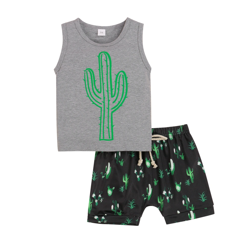 Kids Cactus Print O-Neck Sleeveless T-Shirt+ High Waist Shorts