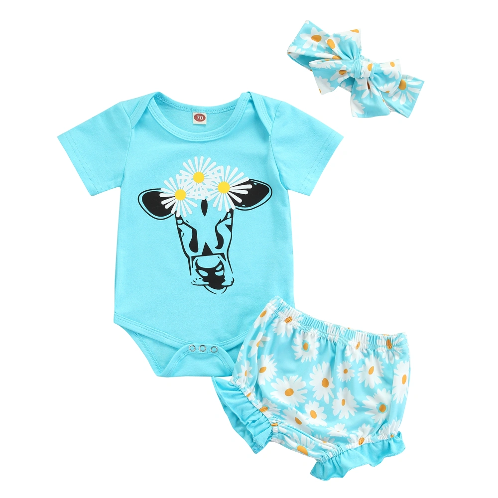 Baby Daisy Print Clothes Set, Girls Romper+Shorts+Bow-knot Headband