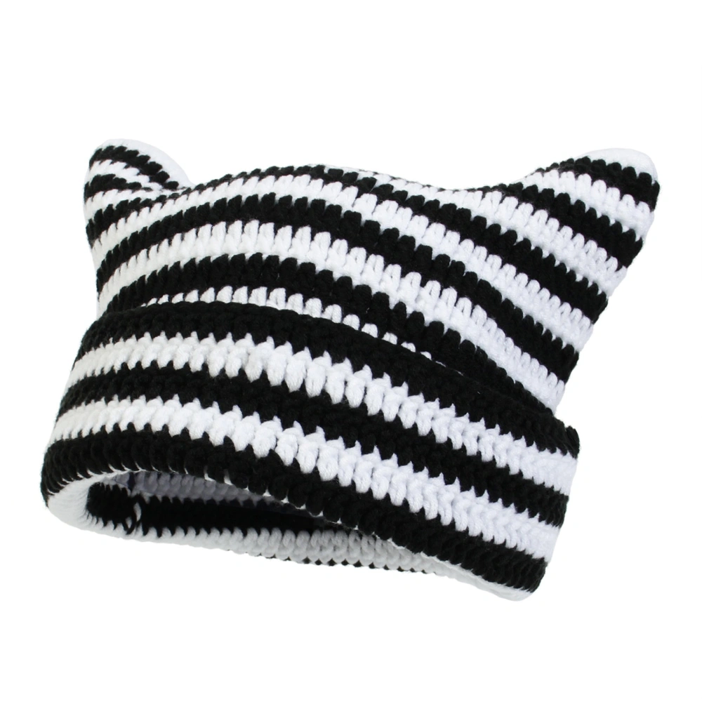 Men Women Knitted Hat, Cute Soft Striped Cat Ear Beanie Crochet Hat