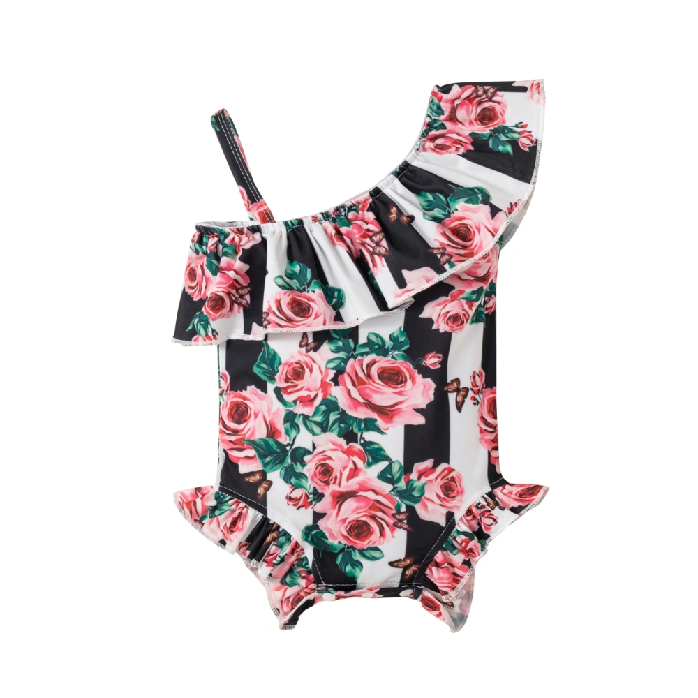 Kids Girls One-piece Bikini One-shoulder Ruffled Flower Print Swimsuit