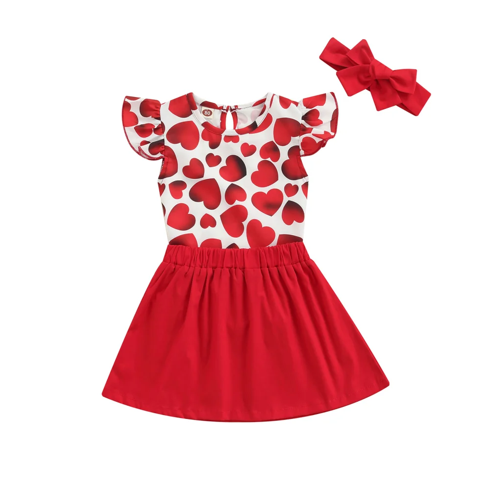 Baby Little Girl Three Piece Set, Fly Sleeve Romper Skirt Headband