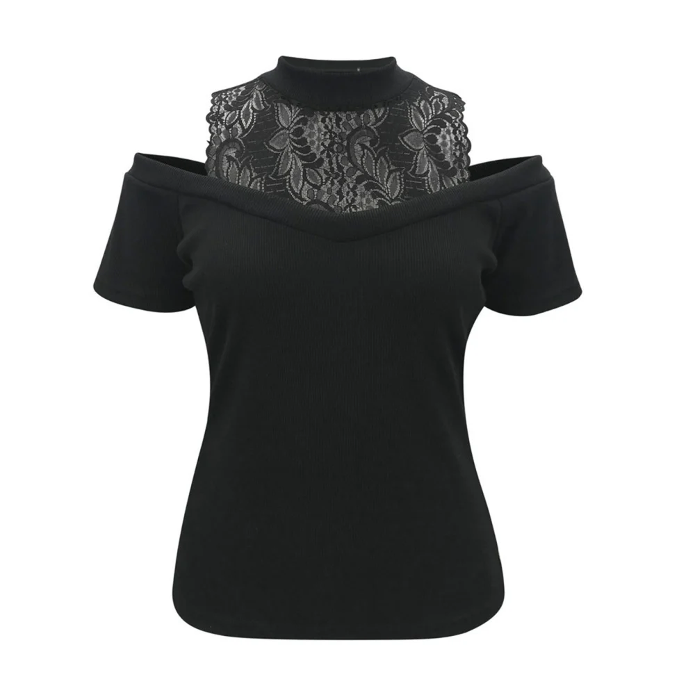 Women’s Lace Hollow High Collar Off-shoulder Short Sleeve T-shirt