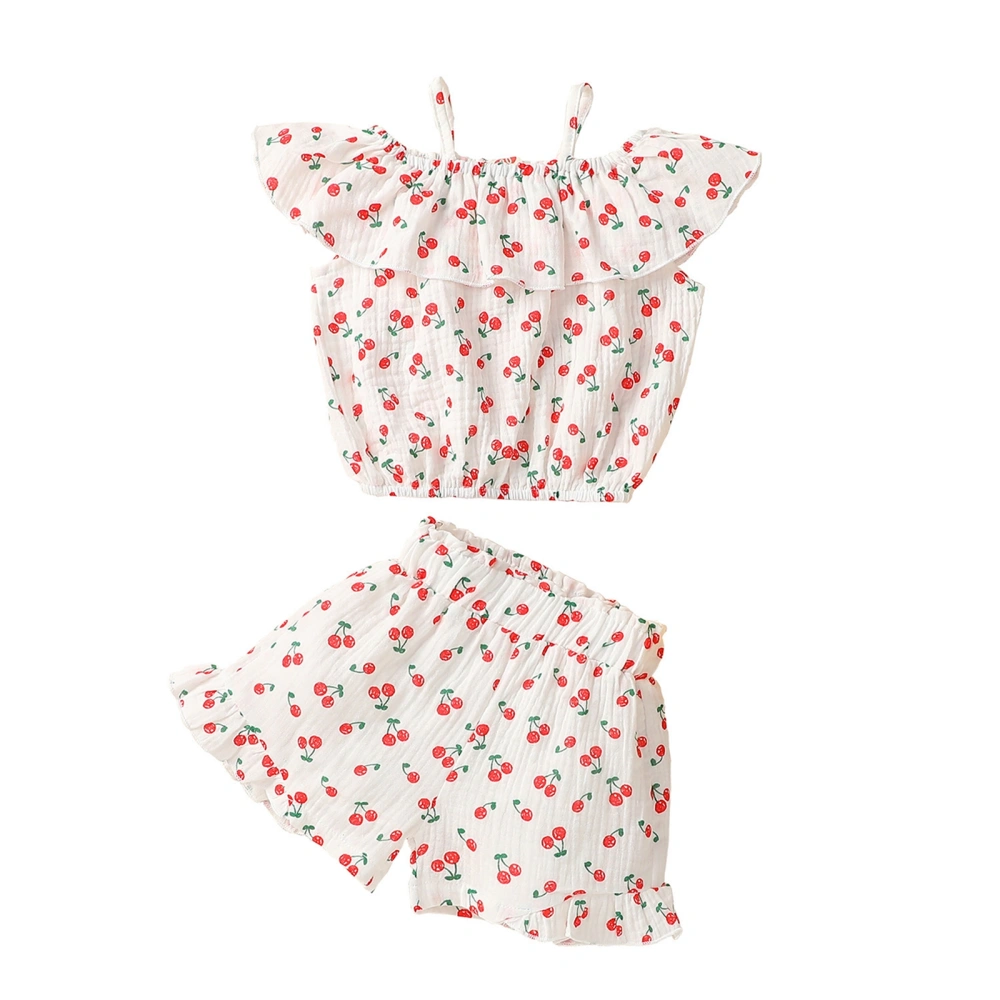 Kids Cherry Print Off Shoulder Sleeveless Ruffled Tops+ Shorts