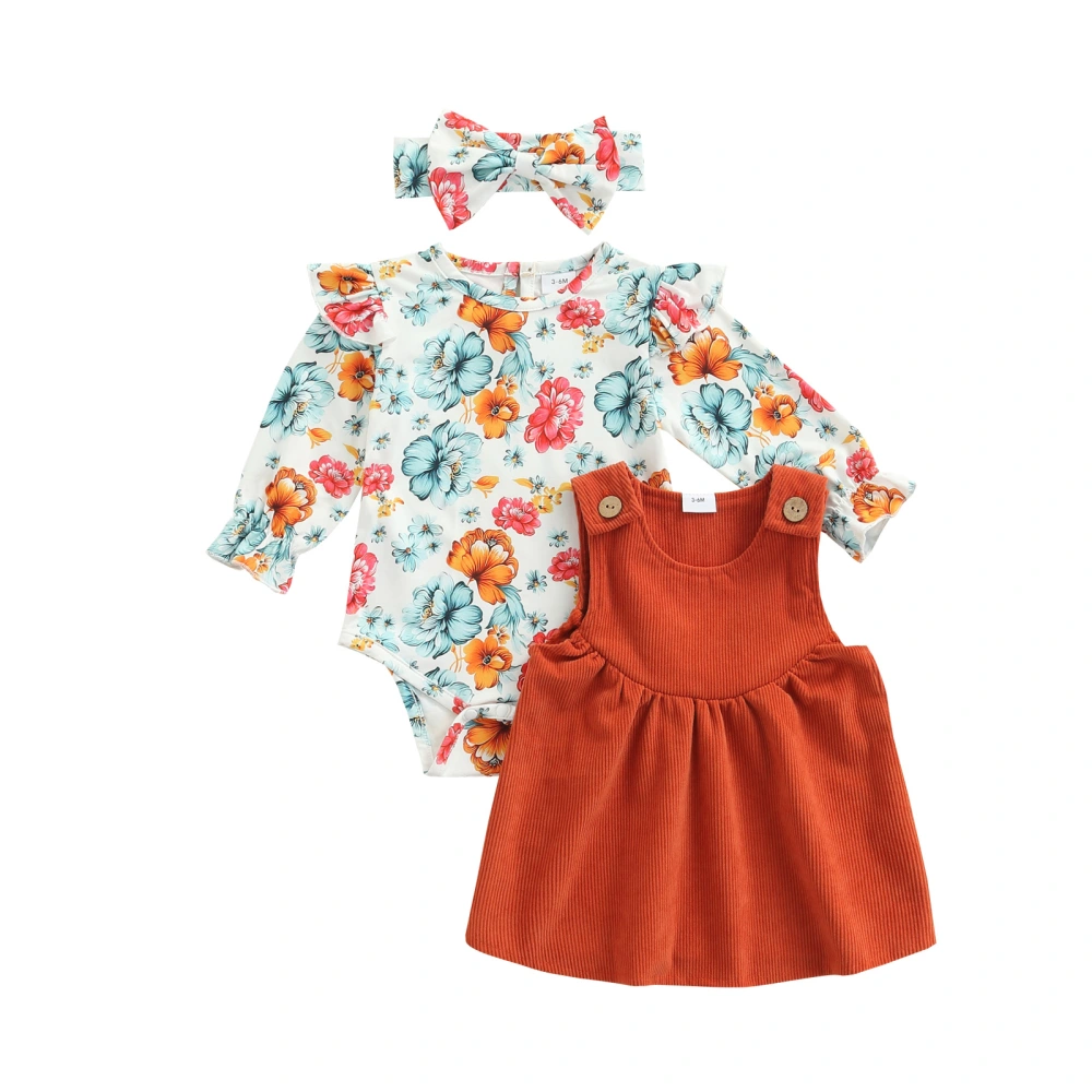 Baby Girls Romper Set, Flower Romper Corduroy Dress with Hairband 