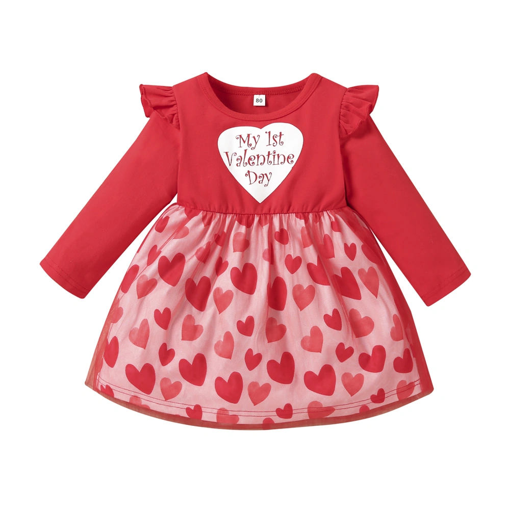 Baby Girl Dress, Long Sleeve Heart Print Tulle Patchwork Dress