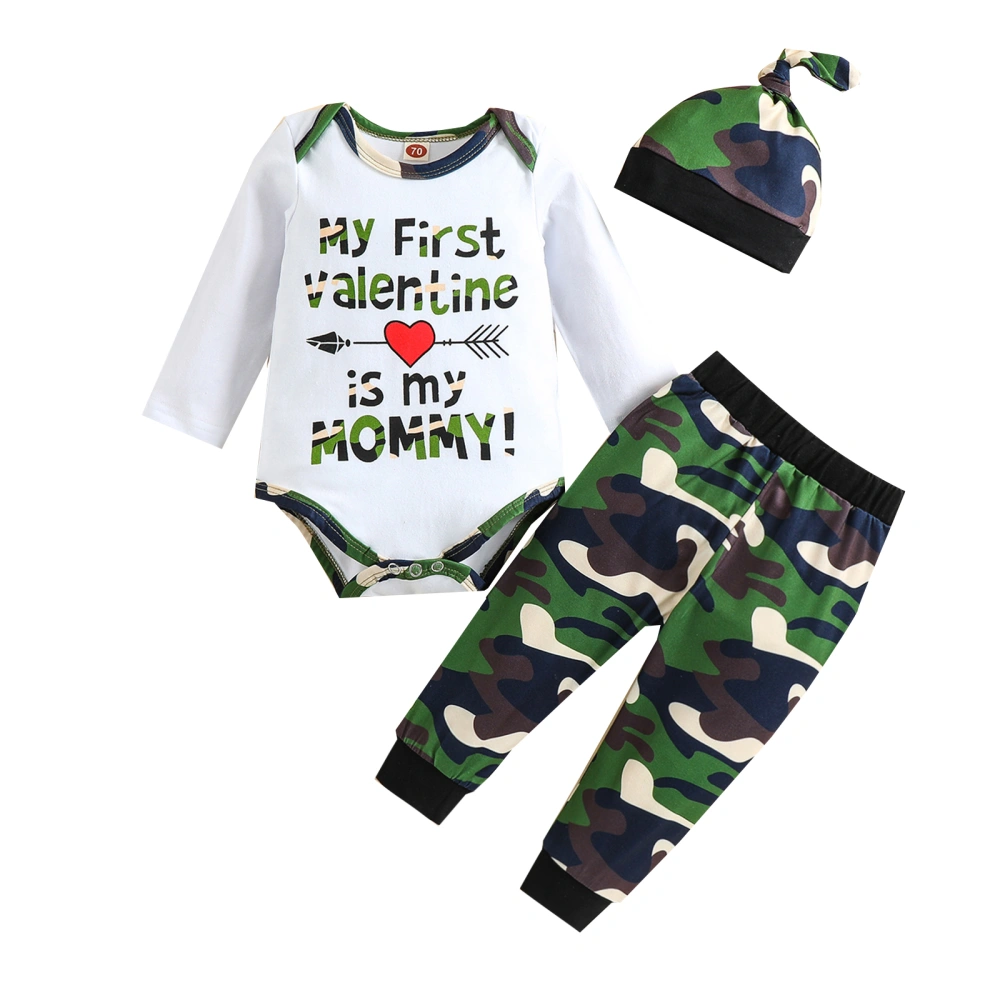 Baby Boy’s Letter Long Sleeve Romper and Camouflage Trousers with Hat