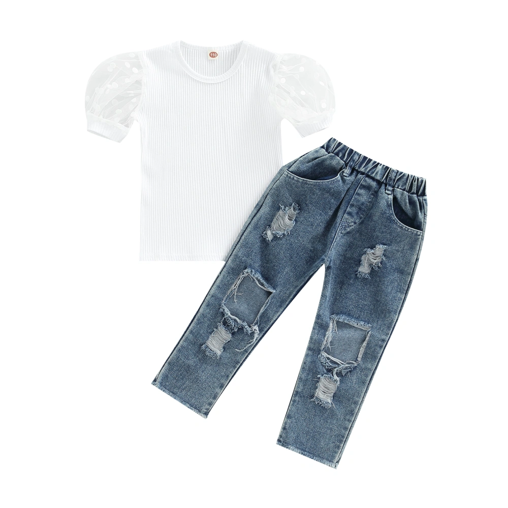 Girls Outfits Sets, Mesh Dots Puff Sleeve T-shirts Ripped Holes Jeans