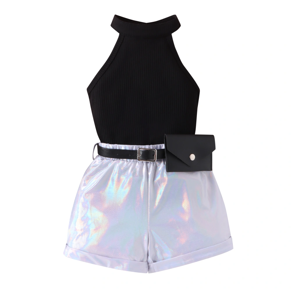 Girl Summer Sleeveless Rib Knit Halter Tops Holographic Shorts Belt