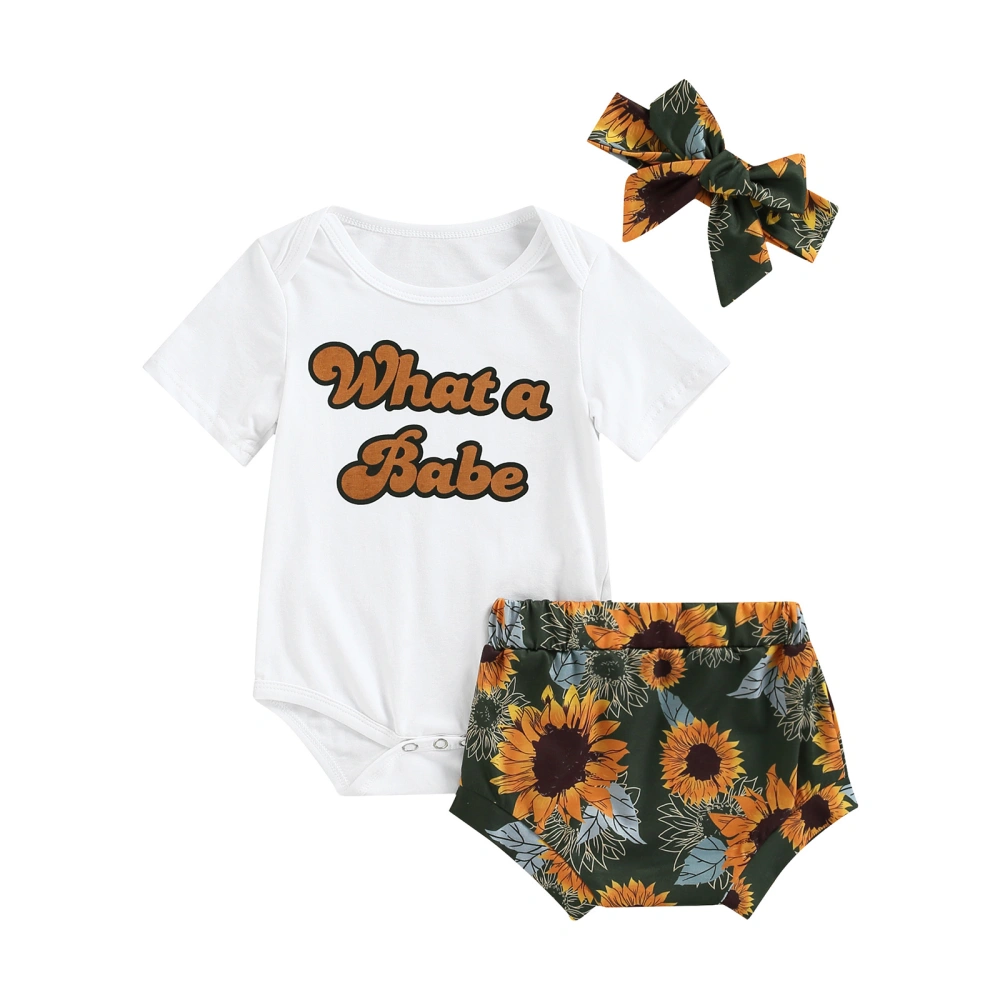 Baby Suit Set, Girls O-Neck Short Sleeve Romper+ Shorts+ Headband