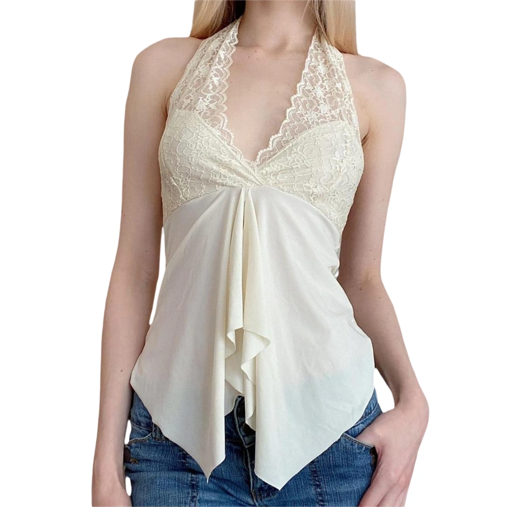 Women's Beige Sleeveless Backless Hanging Neck Lace Floral Blouse