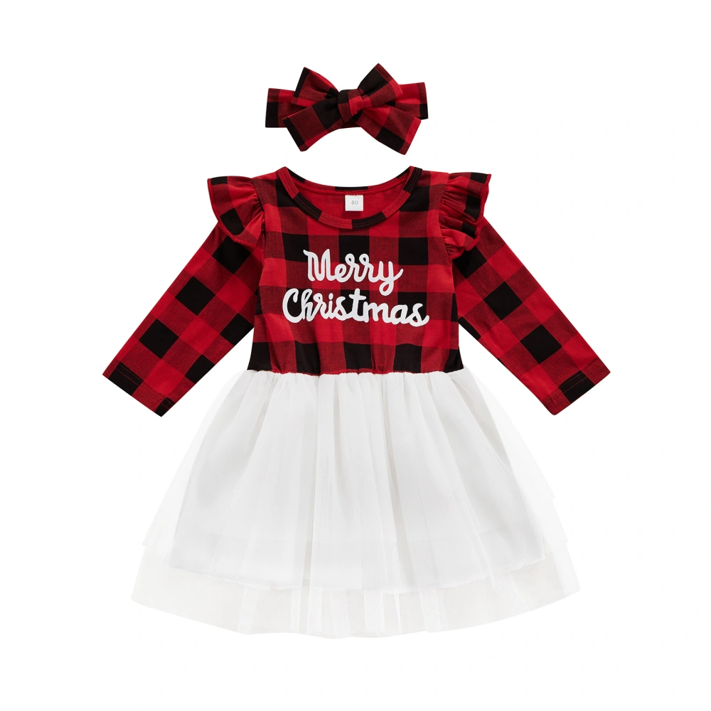 Kids Dress, Plaid Round Neck Long Sleeve One-Piece with Headband