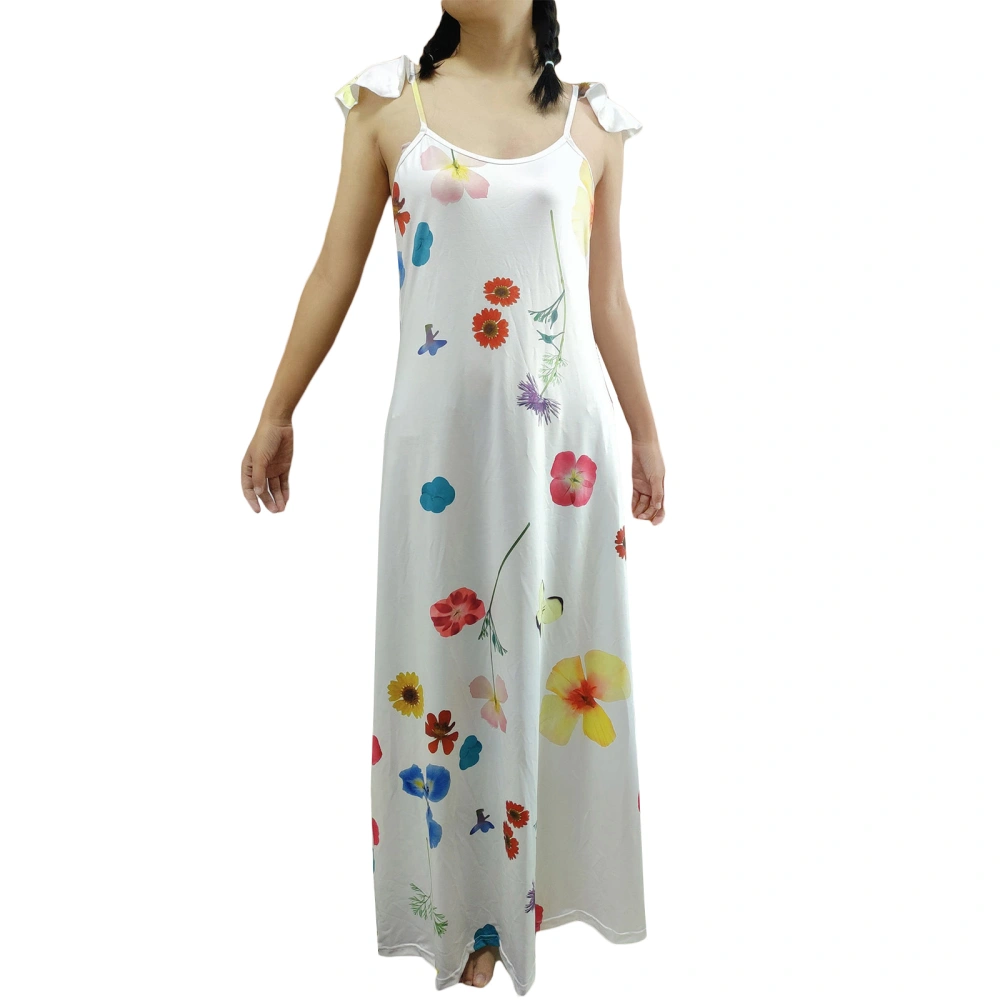 Women Summer Sling Long Dress Floral Print Ruffles Sleeveless Dress