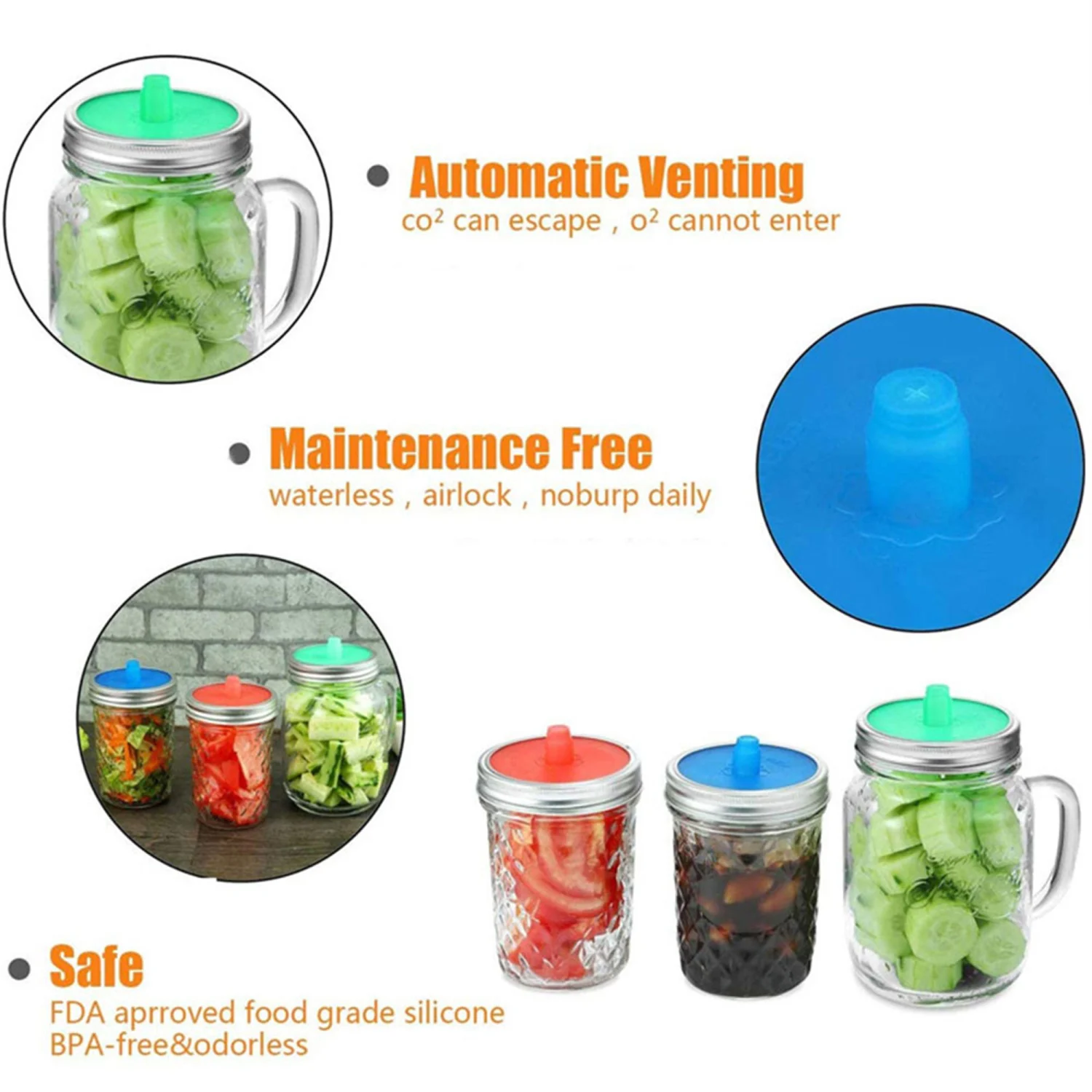 5 Pcs Bottle Cap, Wide Mouth Jar Pickle Bottle Spill-Proof Ferment Cap