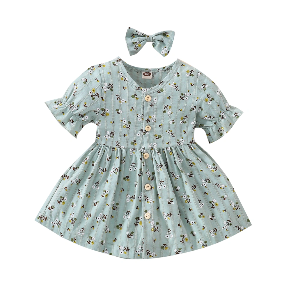 Baby Girls Outfit, Floral Printing V-Neck Buttons Dress + Hair Clip