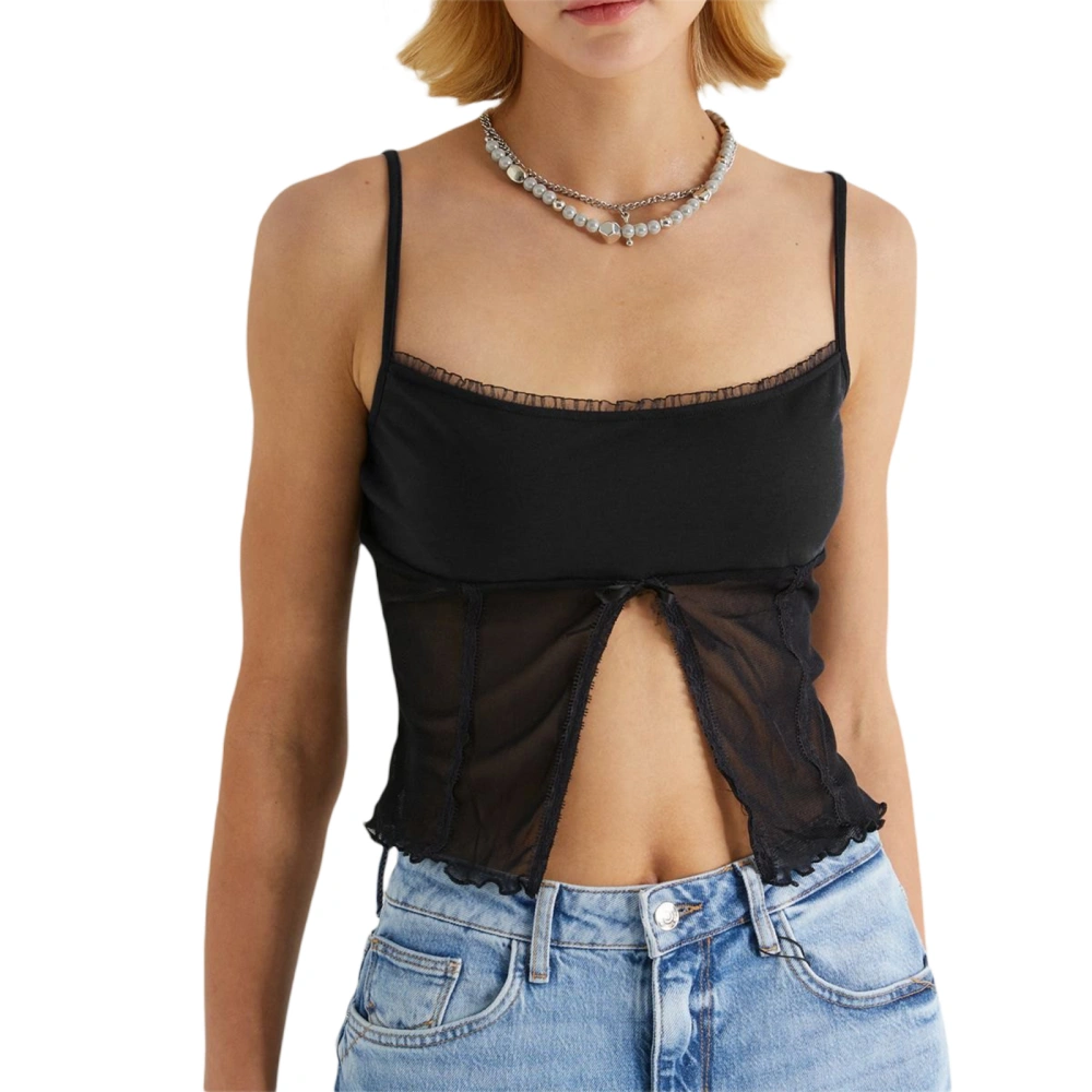 Women Mesh Crop Cami Tops, Spaghetti Strap Solid Color Split Camisole