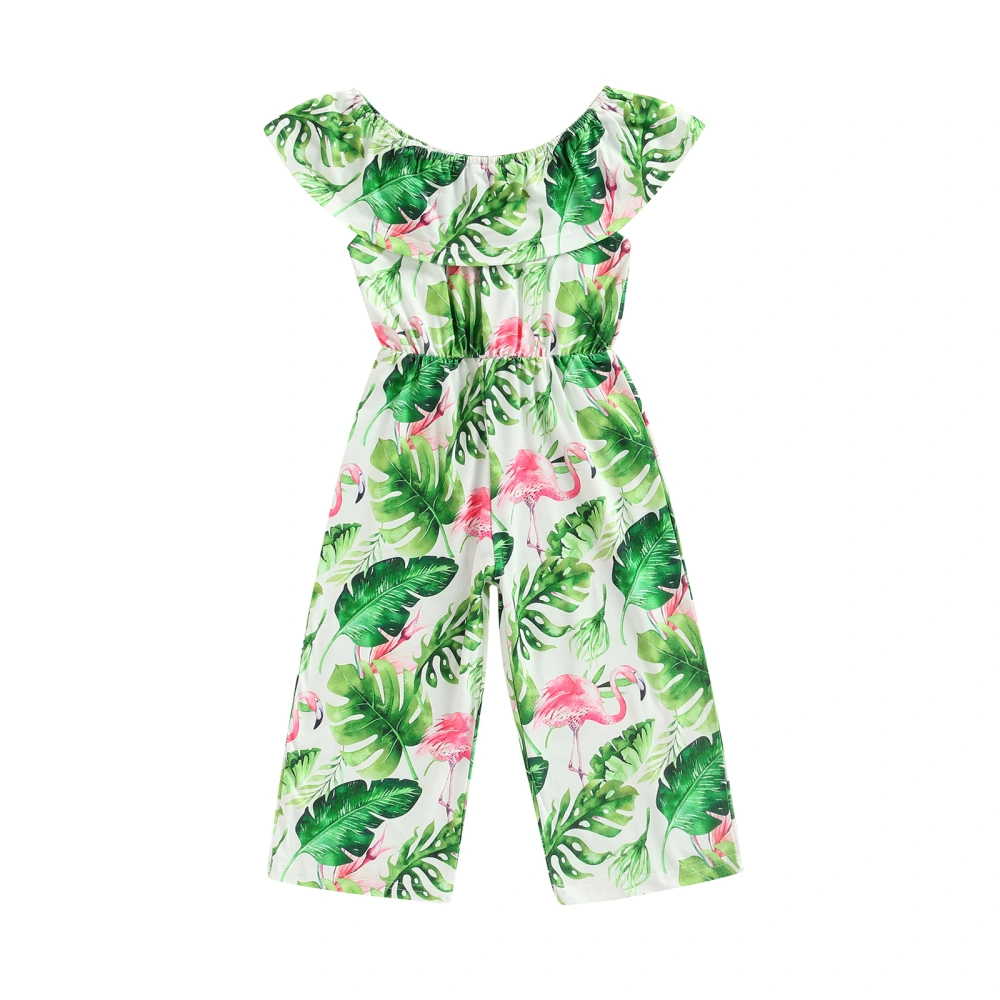 Girls Summer Jumpsuit, Leaves and Flamingo Print Boat Neck Overalls