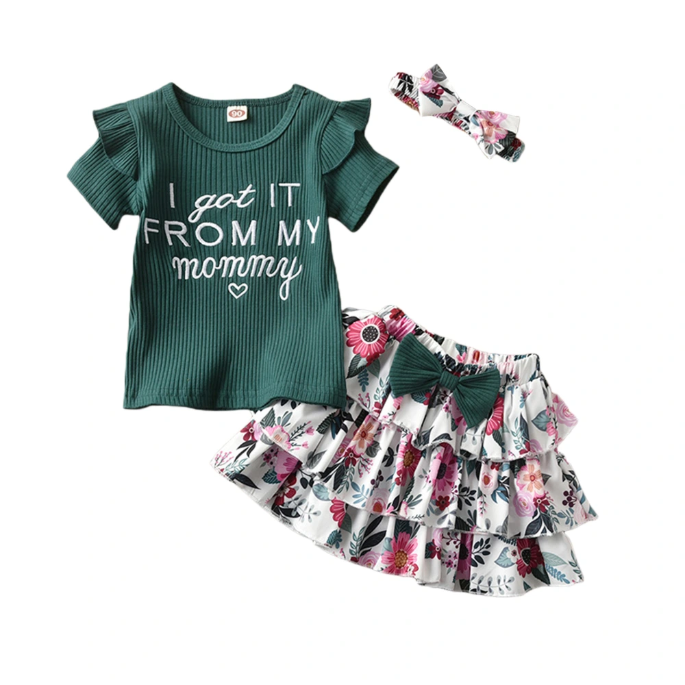 Letter Print Fly Sleeve T-shirt + Floral Tiered Skirt + Headband