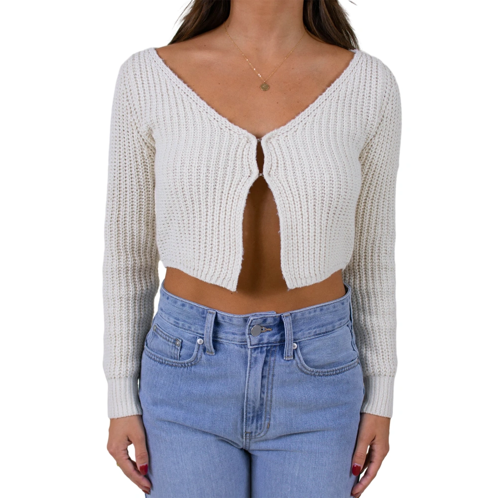 Women Knit Cardigan, Long Sleeve V Neck Buckled Ladies Fall Crop Top