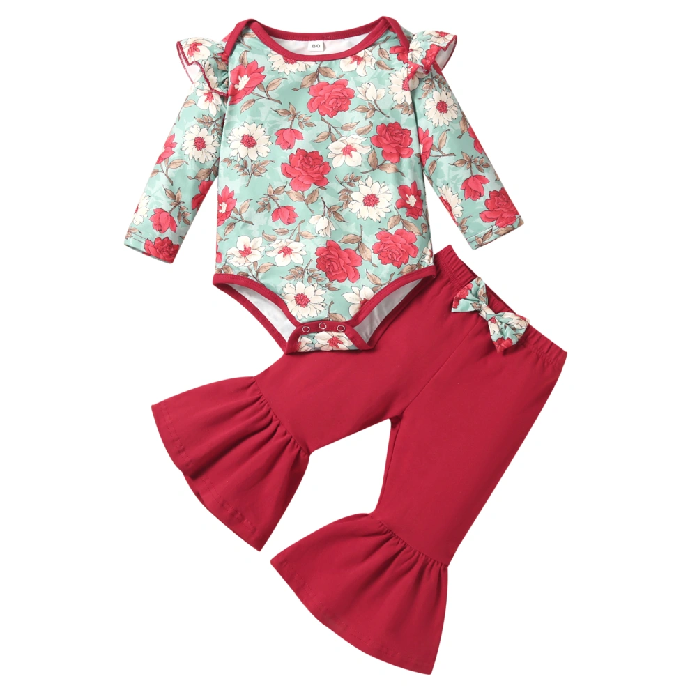 Infant Girls Spring Outfits, Flowers Ruffle Romper + Long Flared Pants