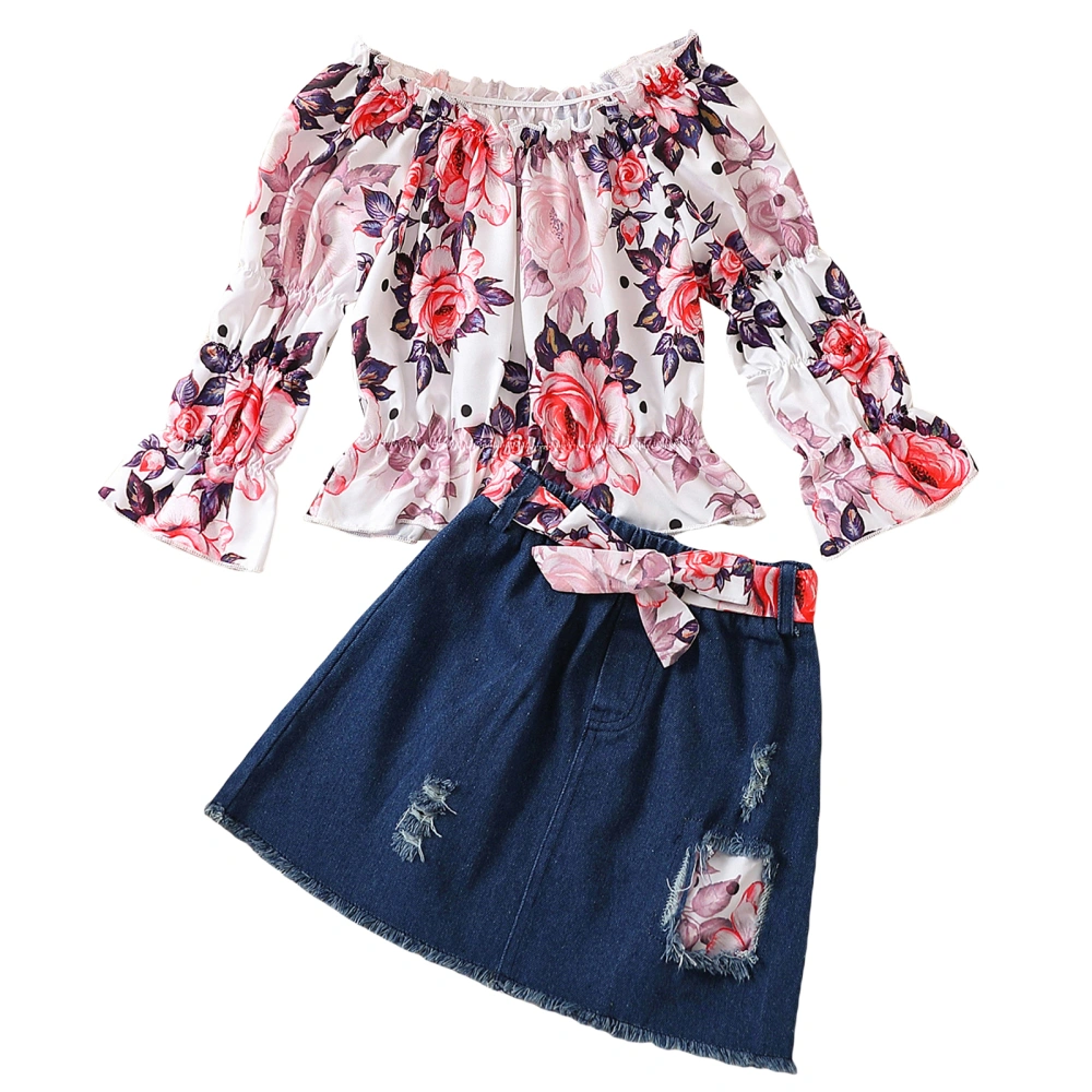 Girls Skirt Set, Off-shoulder Flower Print T-shirt Belted Denim Skirt