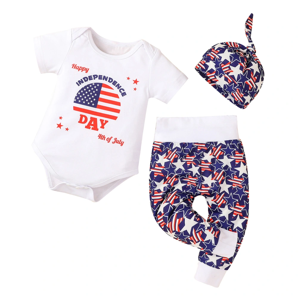 Baby Independence Day Outfit, Unisex Romper + High-Waist Pants + Hat