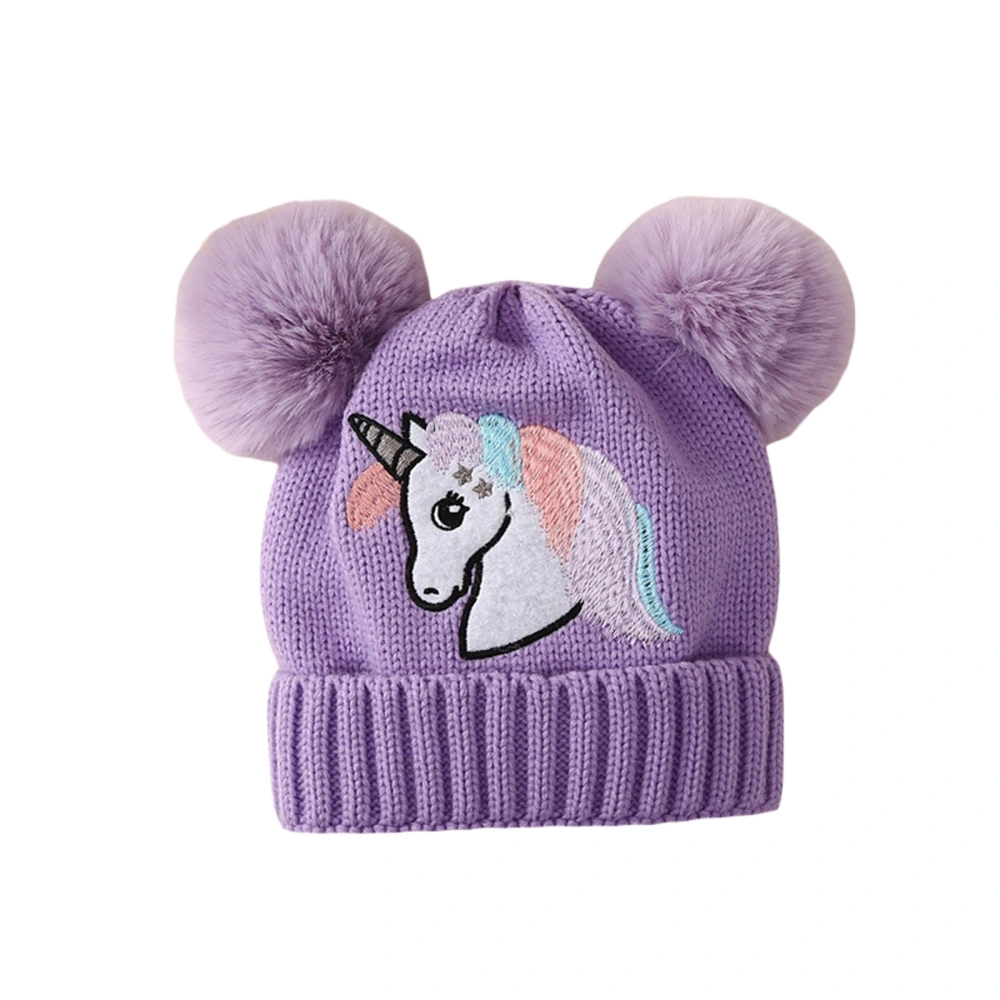 Kid Girls Knit Beanie Embroidery Horse Winter Cap with Plush Balls