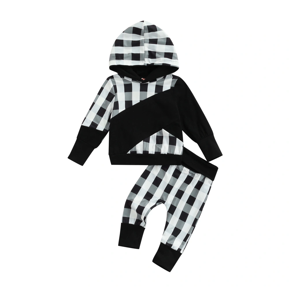 Kid Boy Pants Suits, Plaid Print Patchwork Hoodie + Long Pants Set