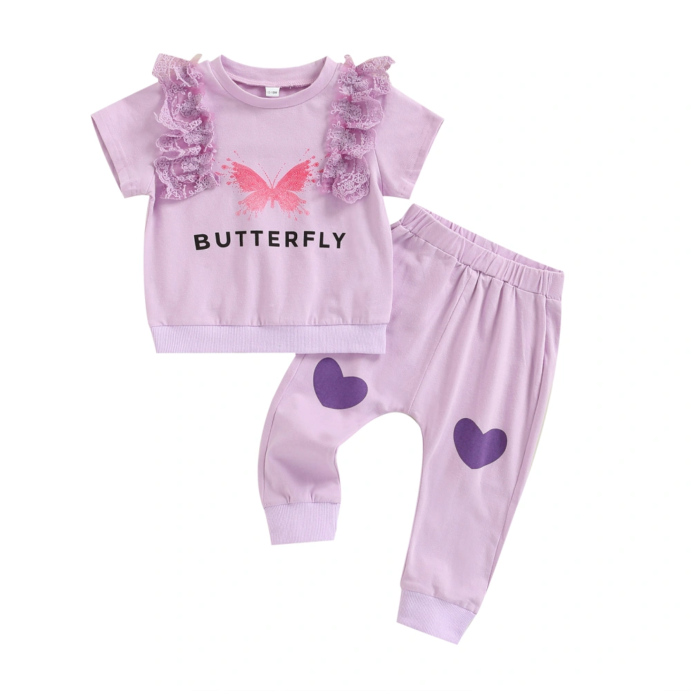 Kids Girls Suit, Short Sleeve Lace Cartoon Tops+Heart Long Pants