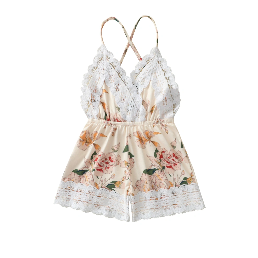 Toddlers Summer Jumpsuit, Floral Lace Trim Tied Backless Romper