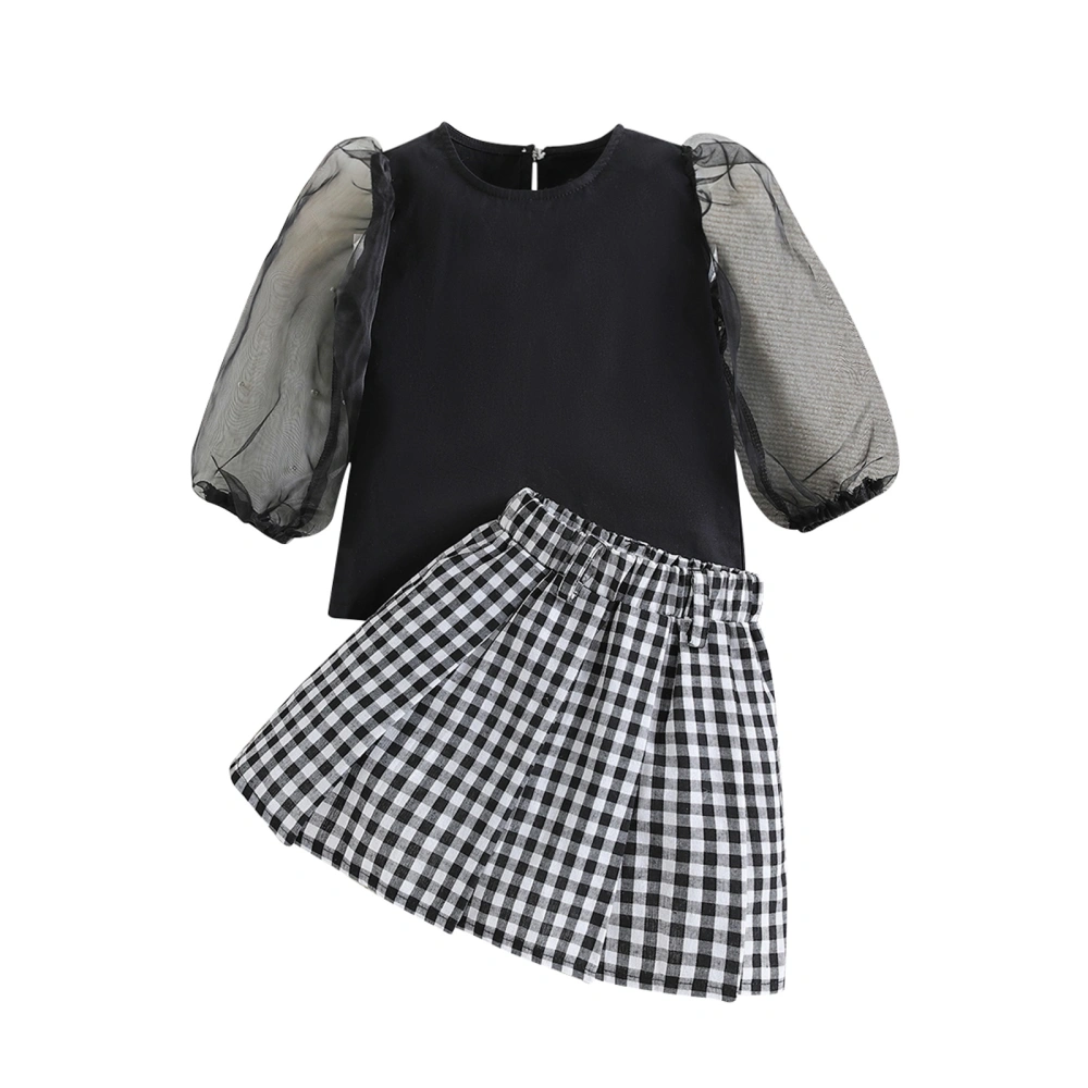 Girl 2 Piece Outfit Mesh Long Sleeve Shirt and Plaid A-Line Skirt